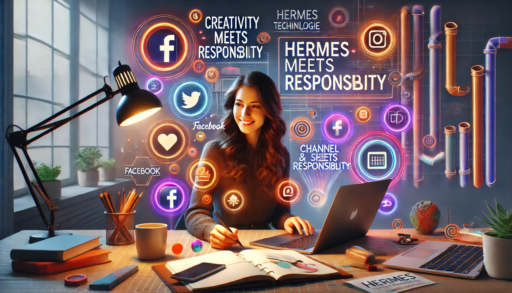 DALL·E 2024-11-19 07.38.36 - A vibrant and modern office setting featuring a creative female content creator sitting at a desk with a laptop, surrounded by floating icons of socia